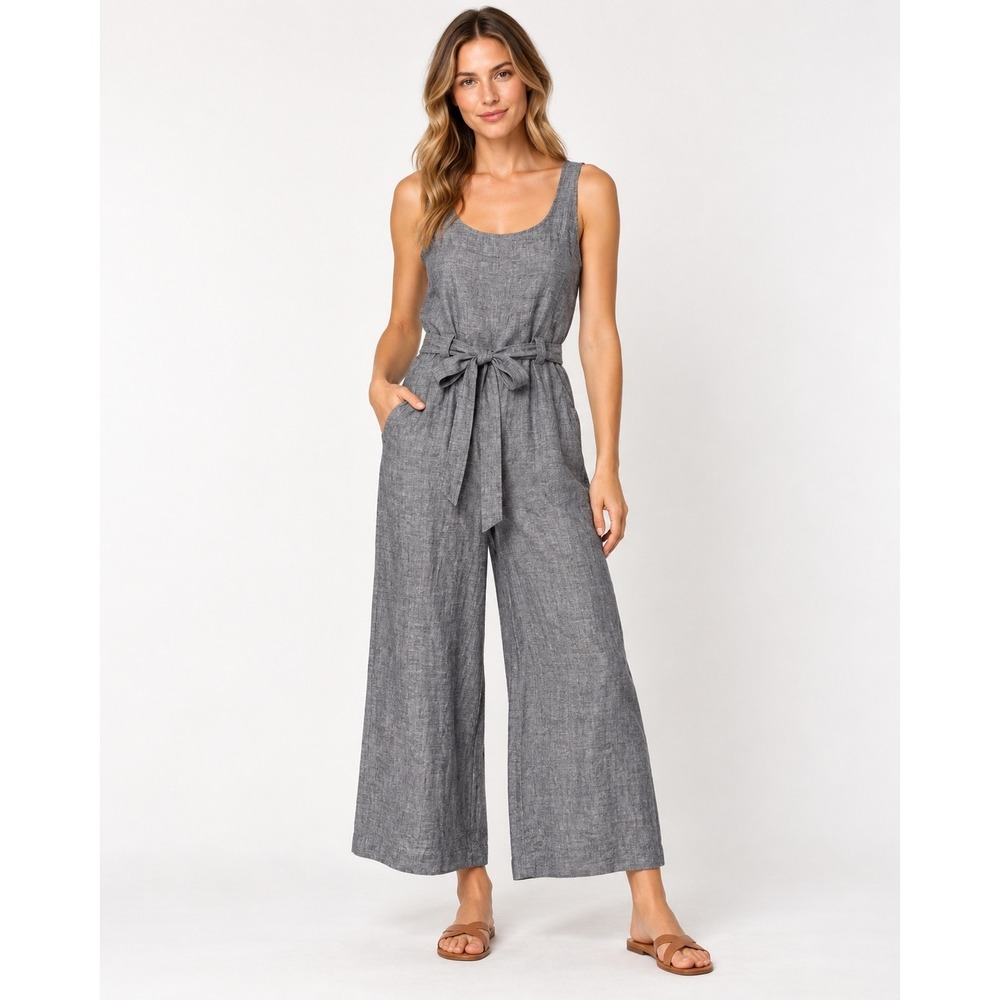 Rachel Zoe Jumpsuit 4 Blue 100% Linen Belted Wide Leg Cropped Sleeveless Pockets